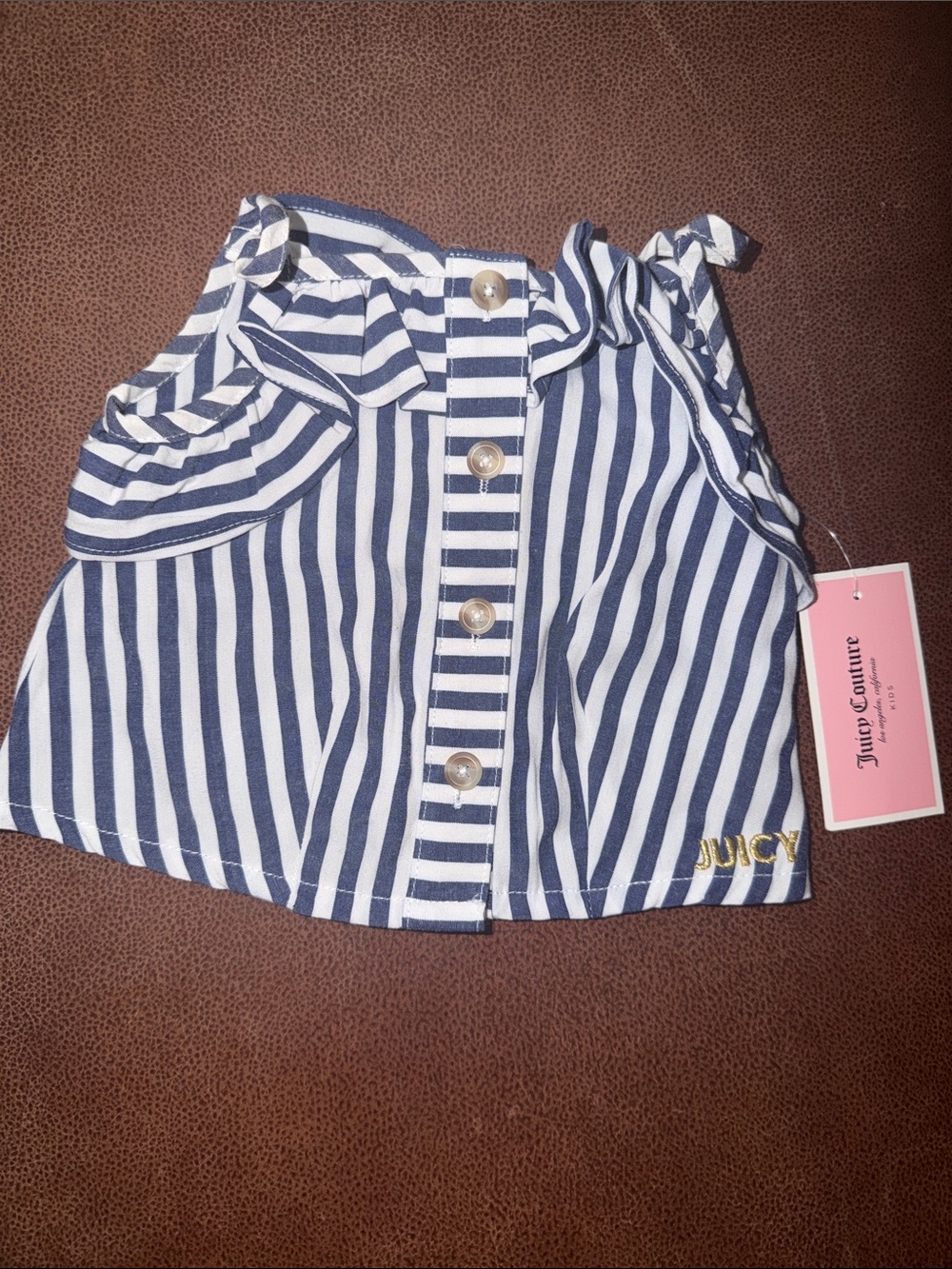 Juicy Couture Navy and White Striped Ruffle Shoulder Girls Top